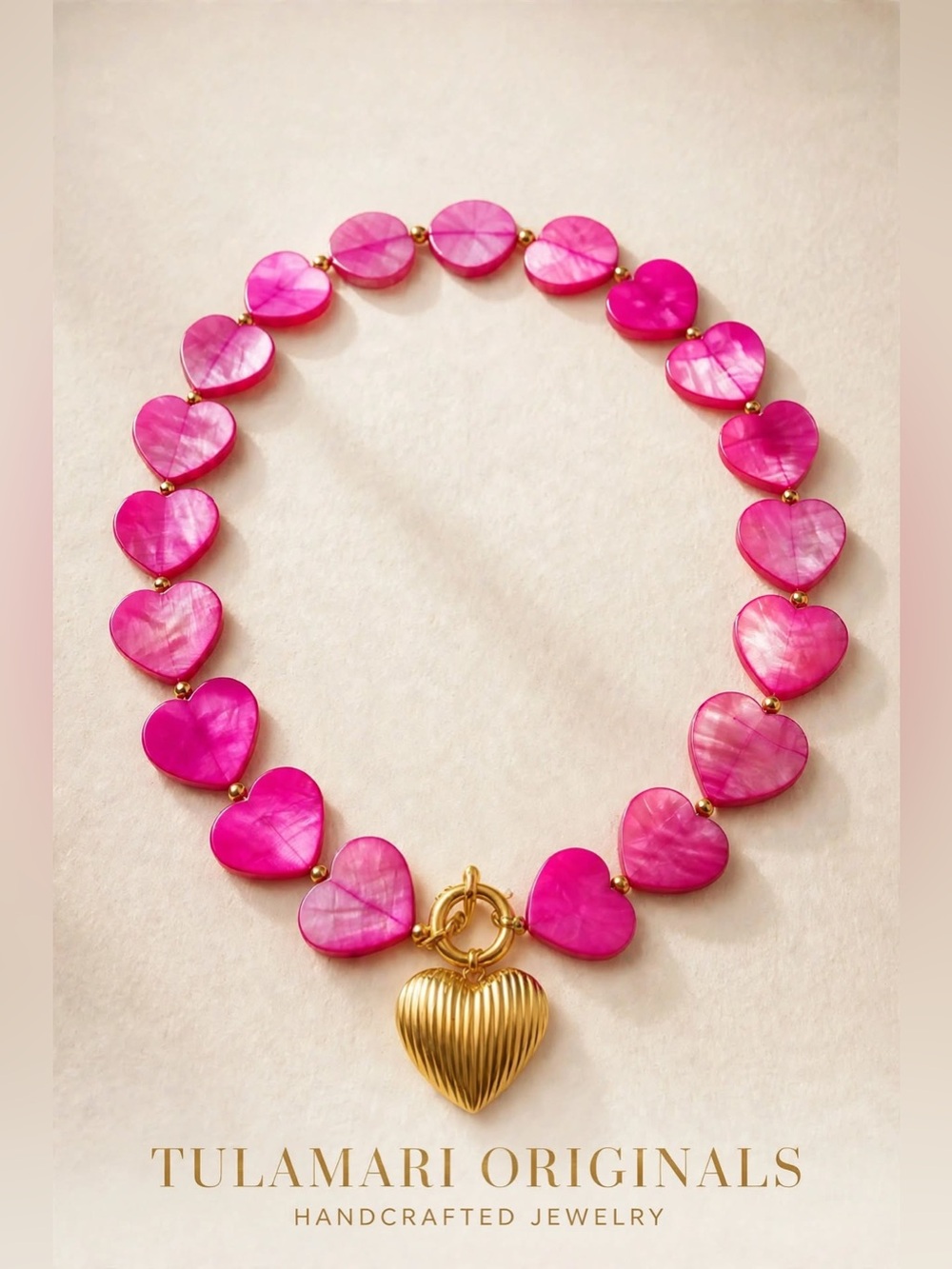 Tulamari Originals Barbie Pink Heart Necklace with Gold Heart Pendant.
